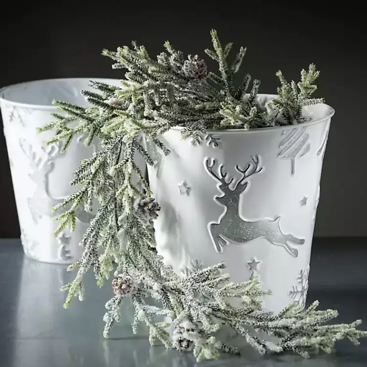 Christmas Decorations>Kirklands Home White & Silver Embossed Reindeer Pails, Set of 2