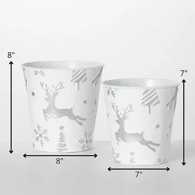 Christmas Decorations>Kirklands Home White & Silver Embossed Reindeer Pails, Set of 2