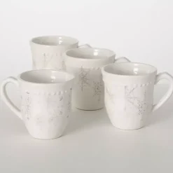 Christmas Dining & Entertaining>Kirklands Home White & Silver Snowflake Christmas Mugs, Set of 4