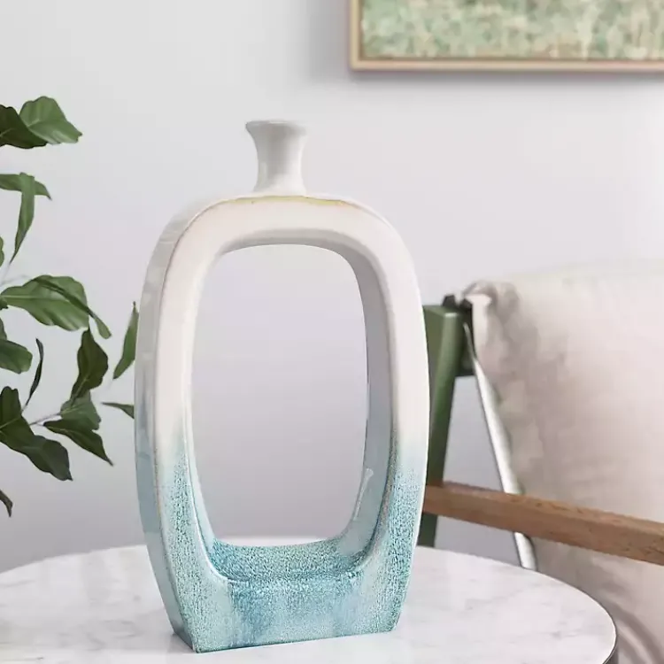 Vases>Kirklands Home White & Turquoise Ceramic Cut-Out Vase, 14 in.