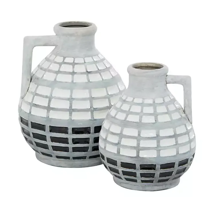 Vases>Kirklands Home White and Black Checkered Ceramic Vases, Set of 2