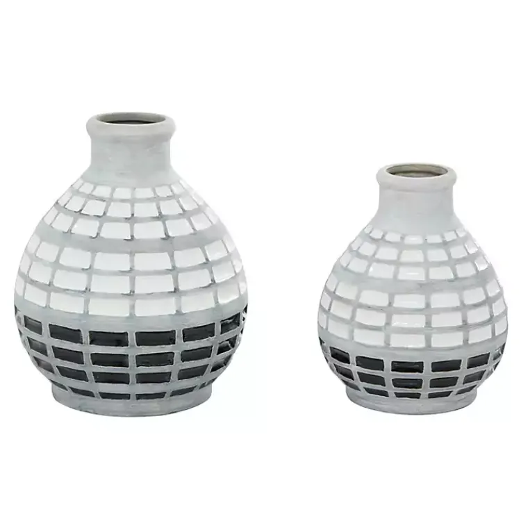 Vases>Kirklands Home White and Black Checkered Ceramic Vases, Set of 2
