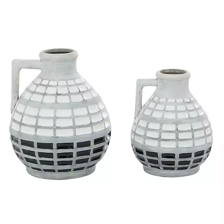 Vases>Kirklands Home White and Black Checkered Ceramic Vases, Set of 2