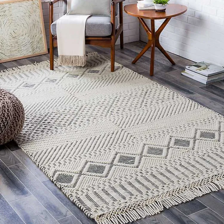 Kirklands Home White and Black Diamond Tassel Wool Area Rug, 5x7 Sale