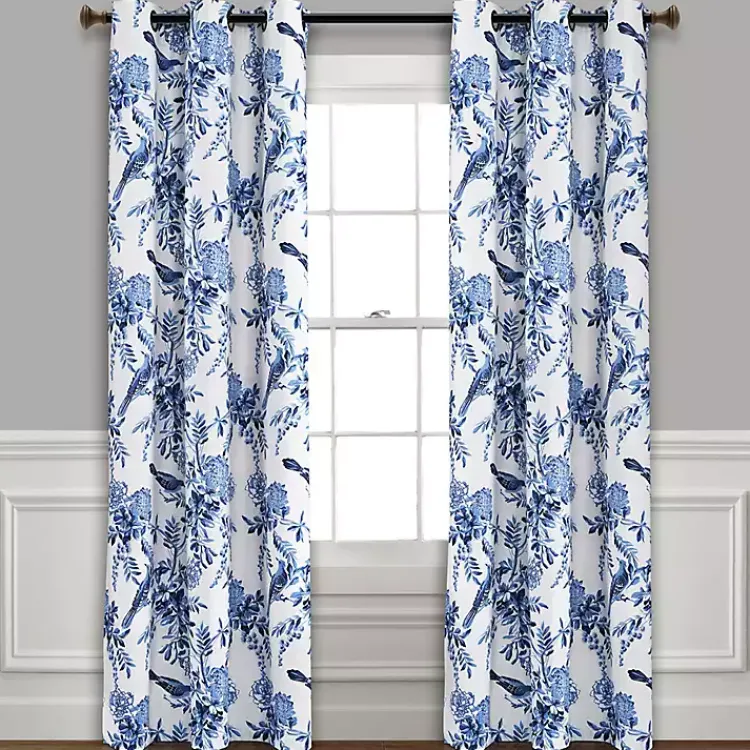 Kirklands Home White and Blue Grommet Curtain Panel Set, 84 in.