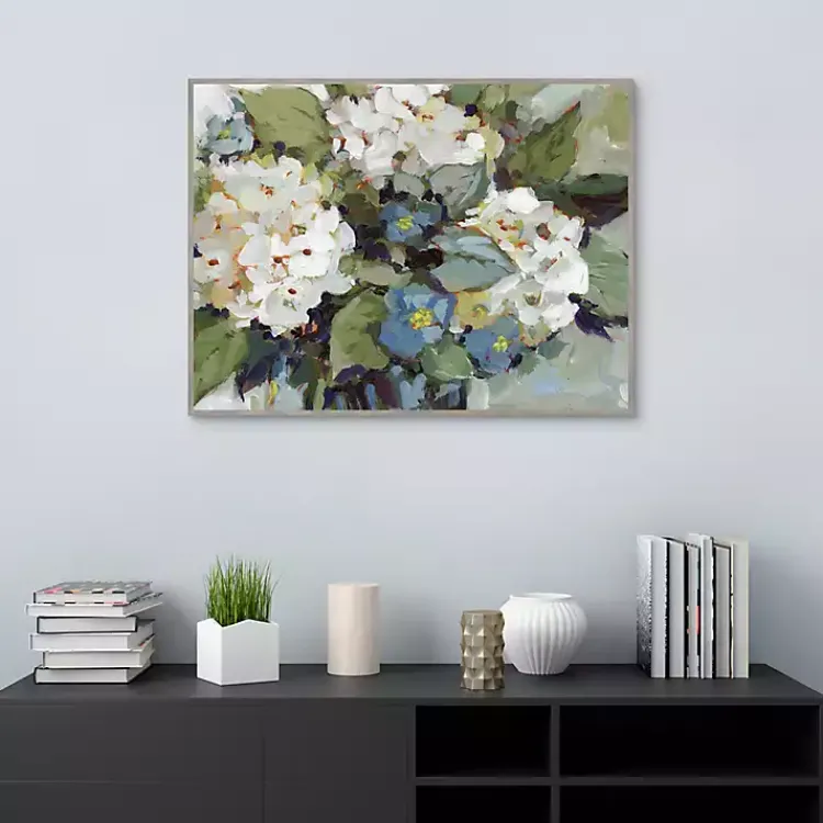 Kirklands Home White and Blue Hydrangeas Framed Canvas Art Print Outlet