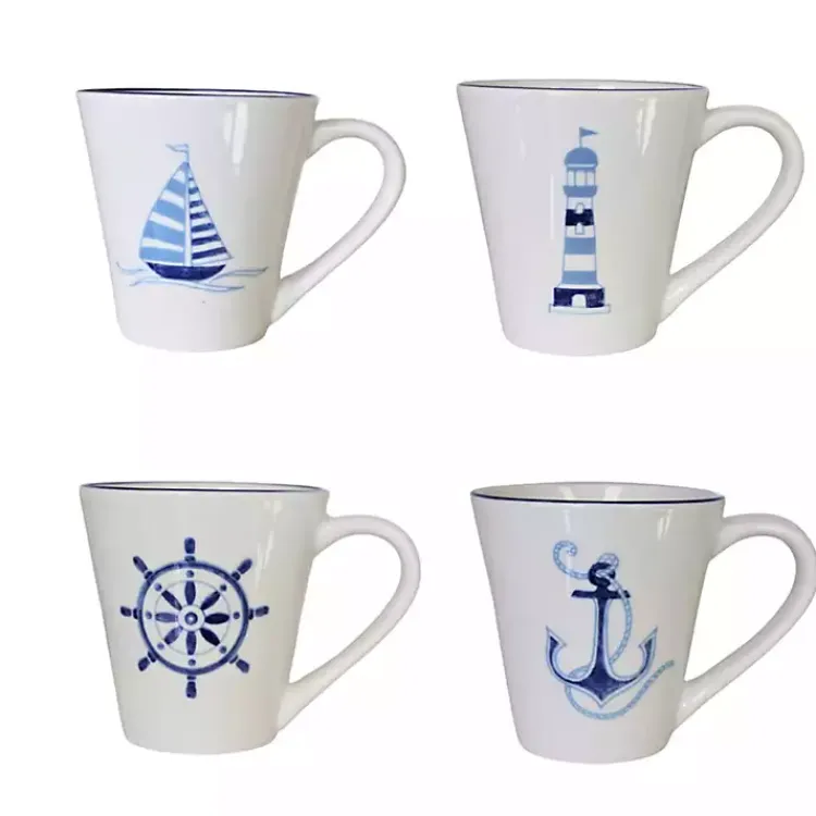 Kirklands Home White and Blue Nautical Mugs, Set of 4 Hot