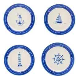 Kirklands Home White and Blue Nautical Salad Plate Set, Set of 4 Clearance