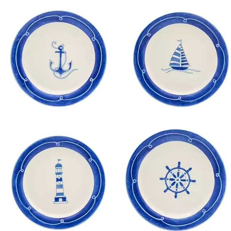 Kirklands Home White and Blue Nautical Salad Plate Set, Set of 4 Clearance
