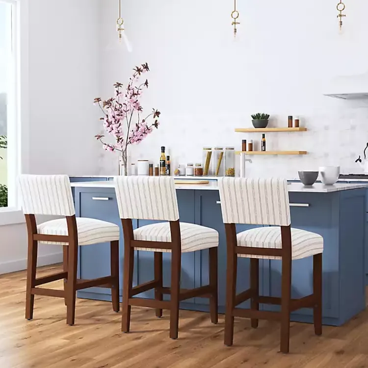 Kirklands Home White and Blue Striped Dark Walnut Counter Stool New