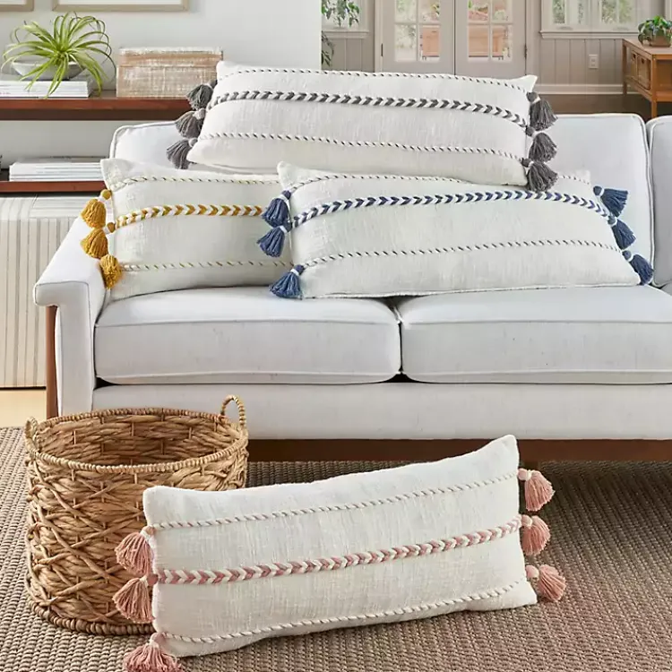 Pillows>Kirklands Home White and Blush Braided Stripe Lumbar Pillow