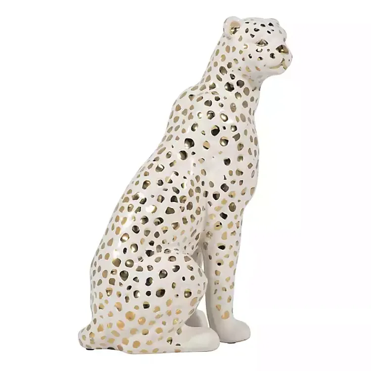 Statues & Figurines>Kirklands Home White and Gold Ceramic Sitting Leopard Statue
