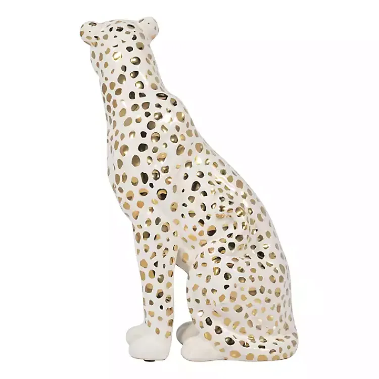 Statues & Figurines>Kirklands Home White and Gold Ceramic Sitting Leopard Statue