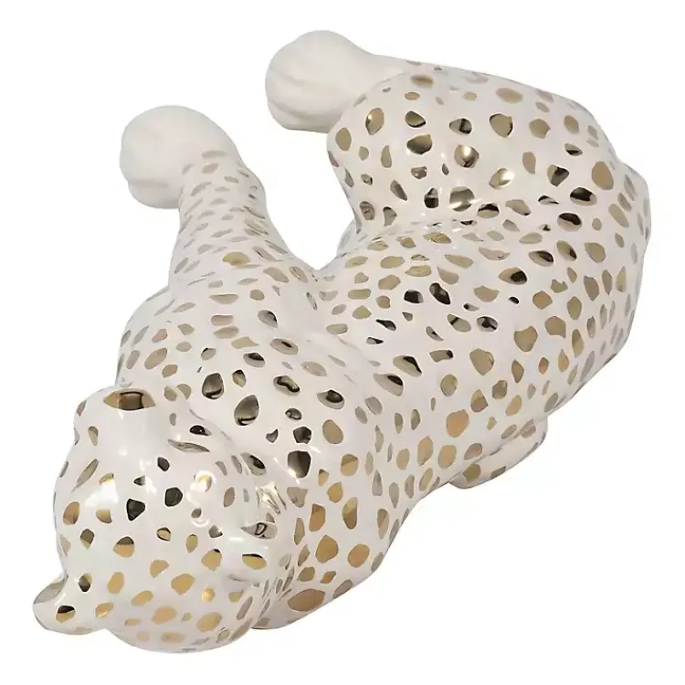 Statues & Figurines>Kirklands Home White and Gold Ceramic Sitting Leopard Statue