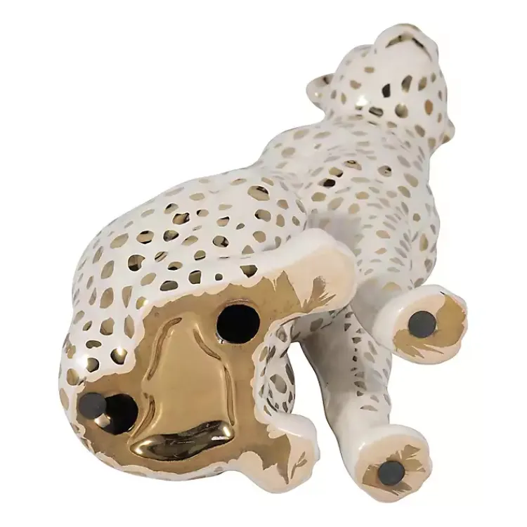Statues & Figurines>Kirklands Home White and Gold Ceramic Sitting Leopard Statue