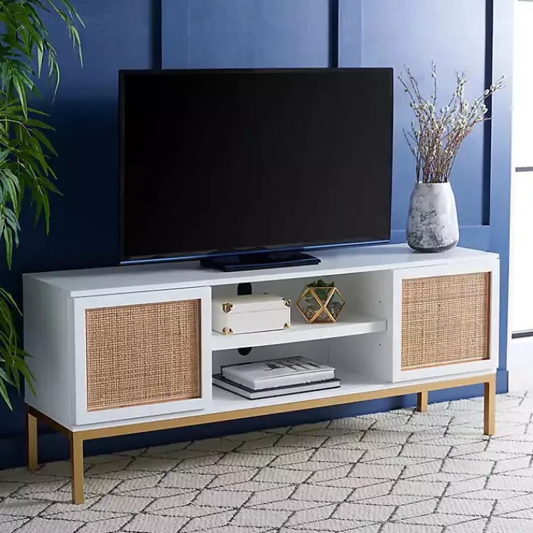 Kirklands Home and Gold Rattan Media Cabinet White Discount