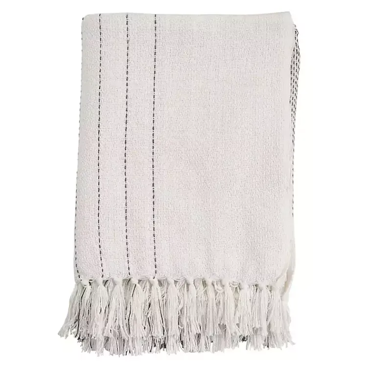 Blankets & Throws>Kirklands Home and Gray Striped and Fringe Throw Blanket White