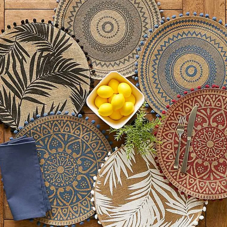 Kirklands Home White and Natural Fern Round Placemats, Set of 6 New
