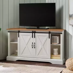 Kirklands Home and Natural Sliding Barn Door TV Stand White Clearance
