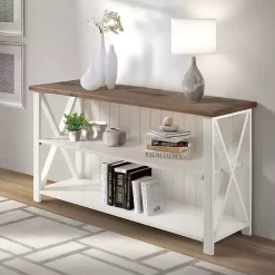 Kirklands Home White and Rustic Oak Wood Farmhouse Console Table