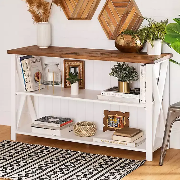 Kirklands Home White and Rustic Oak Wood Farmhouse Console Table