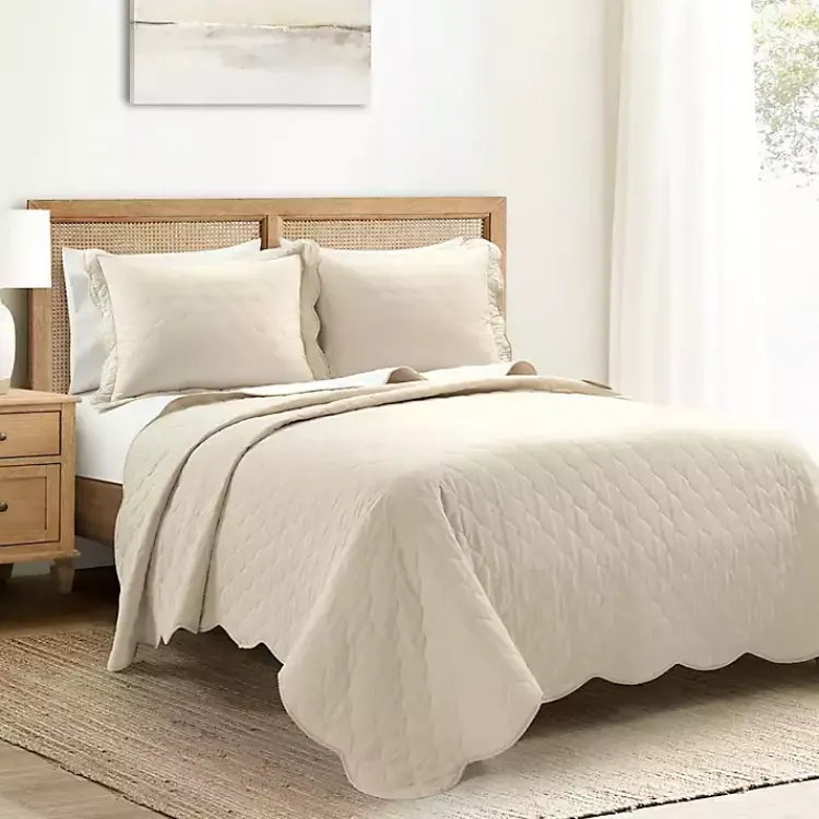 Kirklands Home White and Tan Scallop 3-pc. King Quilt Set Discount