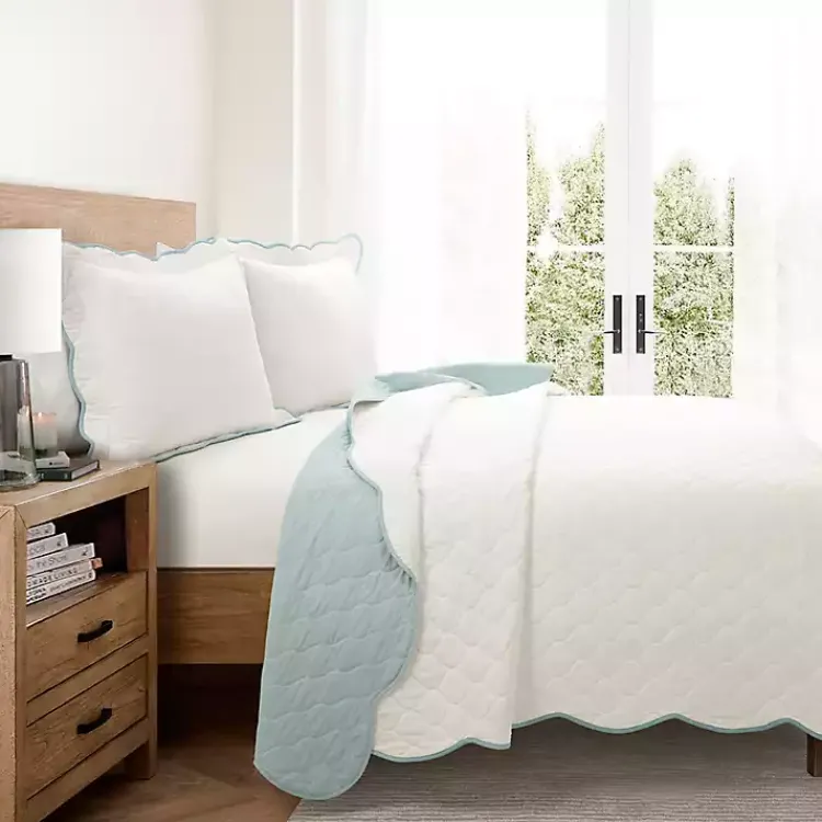 Kirklands Home White and Teal Scallop 3-pc. Full/Queen Quilt Set