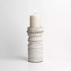 Candle Holders>Kirklands Home Beaded Wood Pillar Candle Holder, 8 in. White