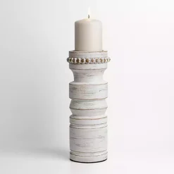 Candle Holders>Kirklands Home Beaded Wood Pillar Candle Holder, 11 in. White