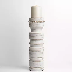 Candle Holders>Kirklands Home Beaded Wood Pillar Candle Holder, 14 in. White