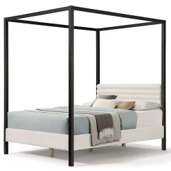 Kirklands Home White Boucle Upholstered Black Canopy Queen Bed Discount