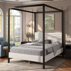 Kirklands Home White Boucle Upholstered Black Canopy Queen Bed Discount