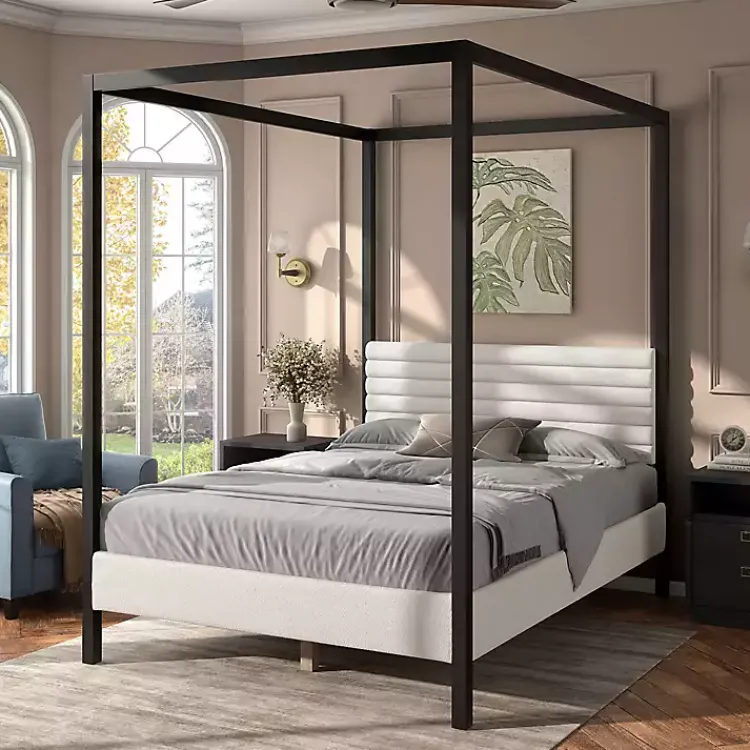 Kirklands Home White Boucle Upholstered Black Canopy Queen Bed Discount