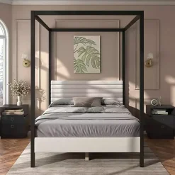 Kirklands Home White Boucle Upholstered Black Canopy Queen Bed Discount