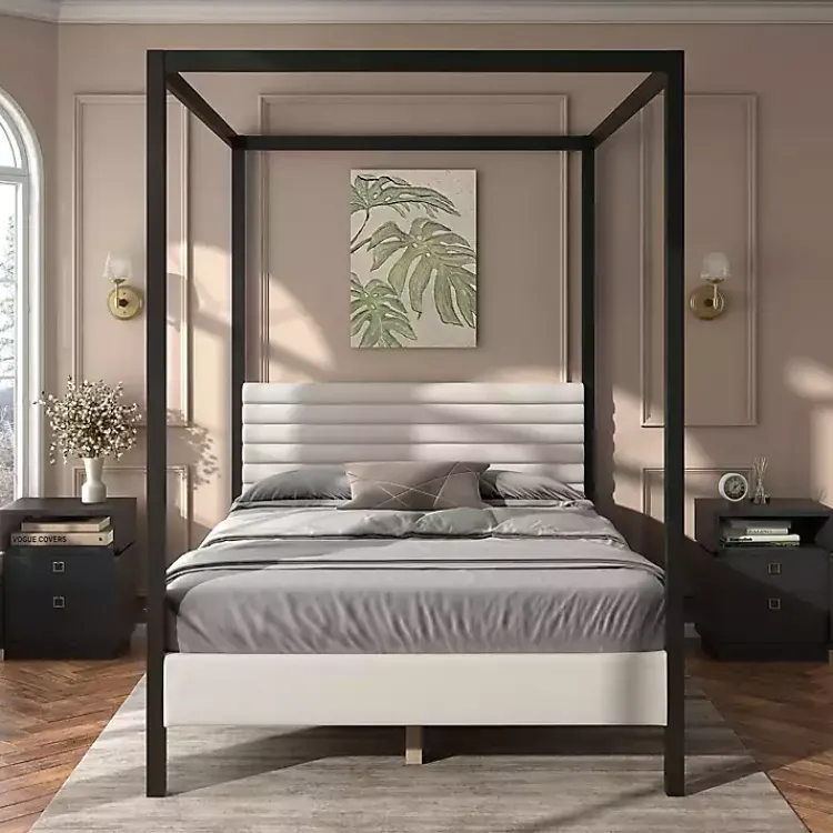 Kirklands Home White Boucle Upholstered Black Canopy Queen Bed Discount