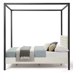 Kirklands Home White Boucle Upholstered Black Canopy Queen Bed Discount
