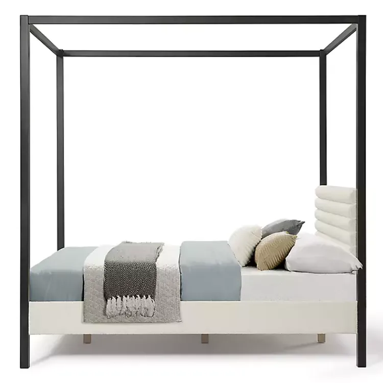 Kirklands Home White Boucle Upholstered Black Canopy Queen Bed Discount