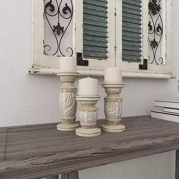Candle Holders>Kirklands Home White Carved Wood Candle Holders, Set of 3