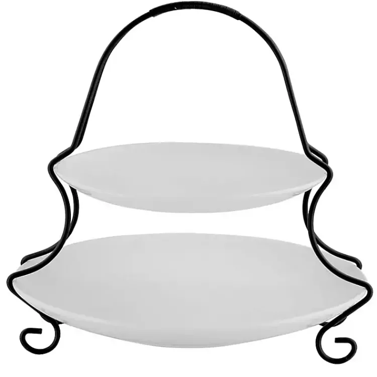 Kirklands Home Ceramic 2 Tiered Serving Set with Metal Rack White Outlet