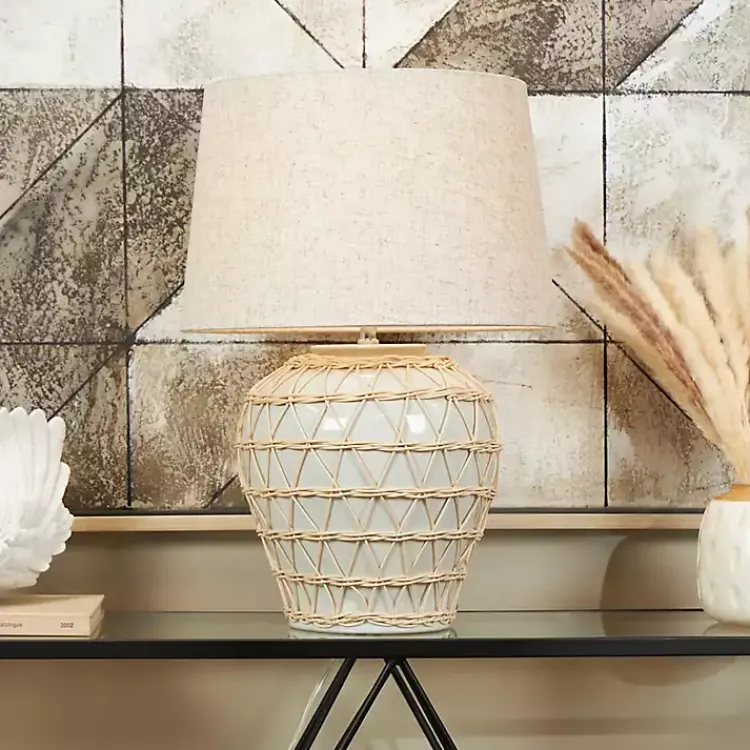 Kirklands Home Ceramic and Jute Woven Table Lamp White Hot