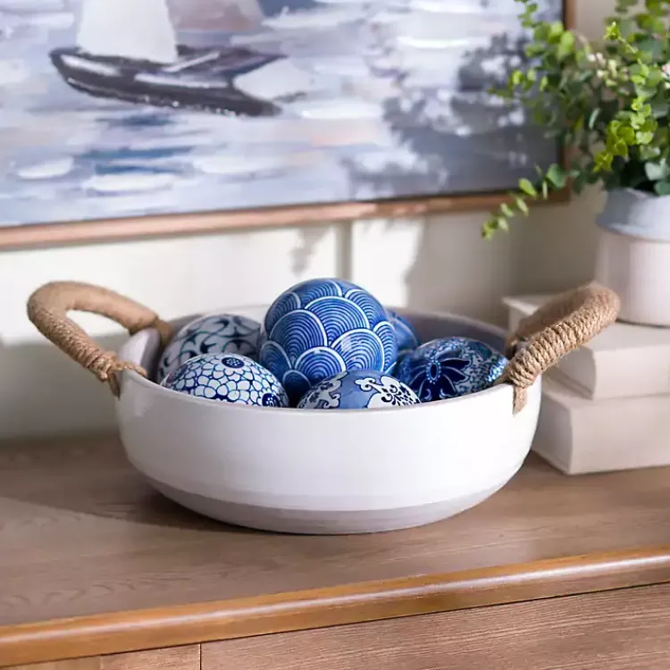Decorative Bowls & Jars>Kirklands Home White Ceramic Bowl with Rope Handles