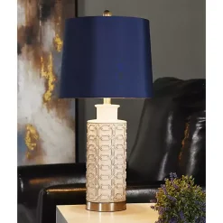 Kirklands Home White Ceramic Geometric Table Lamp with Shade Blue Online