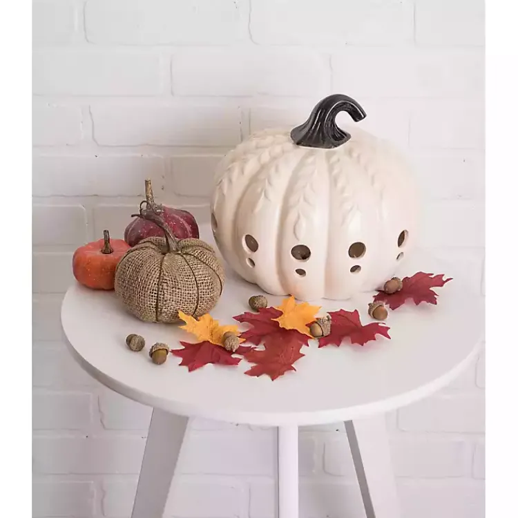 Lanterns>Kirklands Home Ceramic Leaf Pre-Lit Pumpkin Lantern White