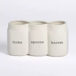 Kirklands Home Ceramic 3-Section Mason Jar Utensil Holder White New