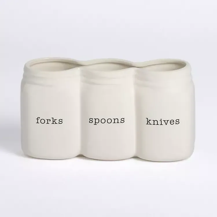 Kirklands Home Ceramic 3-Section Mason Jar Utensil Holder White New