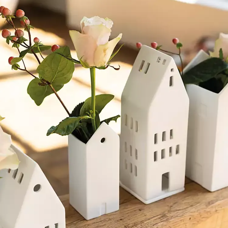 Vases>Kirklands Home Ceramic Village House Vase, 6 in. White