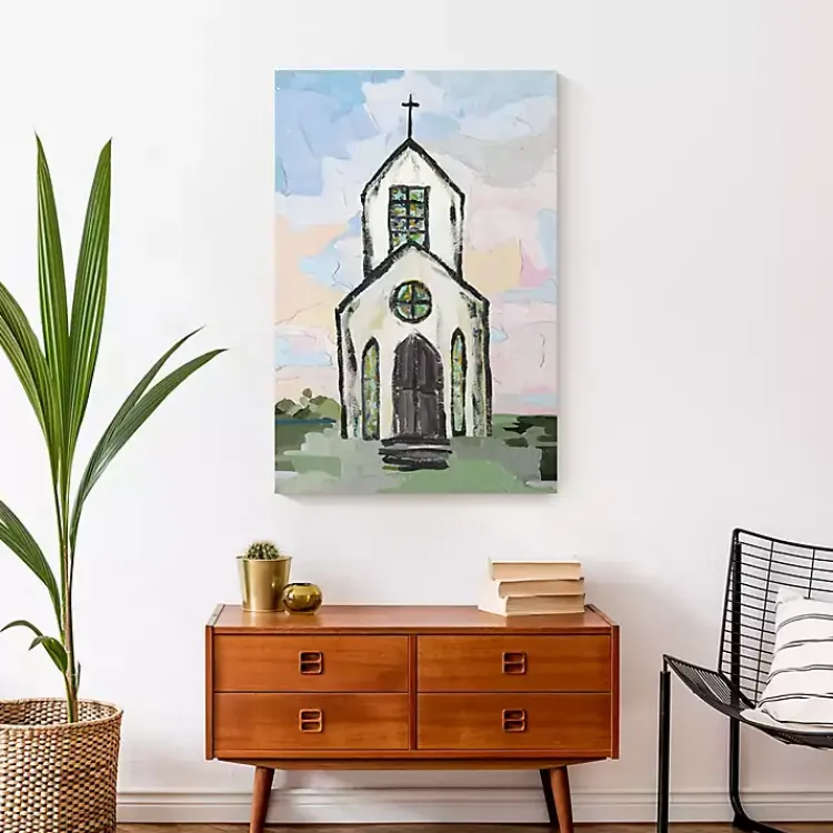 Easter Decorations>Kirklands Home White Church Painterly Canvas Wall Art