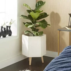 Kirklands Home Clay and Wood Hexagon Planters, Set of 2 White Discount