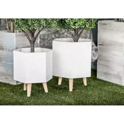 Kirklands Home Clay and Wood Hexagon Planters, Set of 2 White Discount