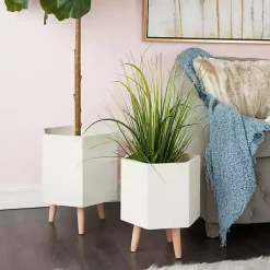 Kirklands Home Clay and Wood Hexagon Planters, Set of 2 White Discount
